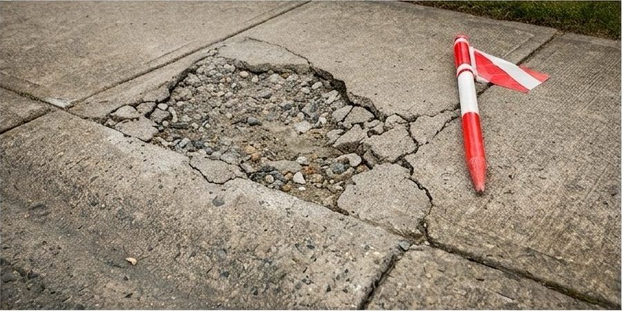 Damaged concrete footpath with broken slab before repair
