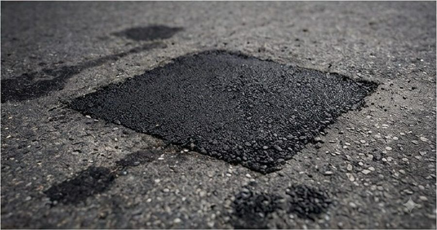 Asphalt pothole repair completed and compacted